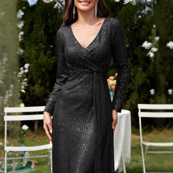 فستان سهرة نسائي جديد متعدد الألوان، بتصميم أوروبي وأمريكي، بأكمام طويلة وفتحة رقبة على شكل حرف V وقصة ذيل السمكة