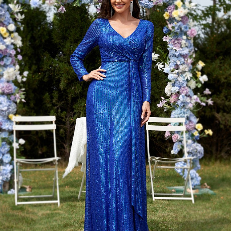 فستان سهرة نسائي جديد متعدد الألوان، بتصميم أوروبي وأمريكي، بأكمام طويلة وفتحة رقبة على شكل حرف V وقصة ذيل السمكة