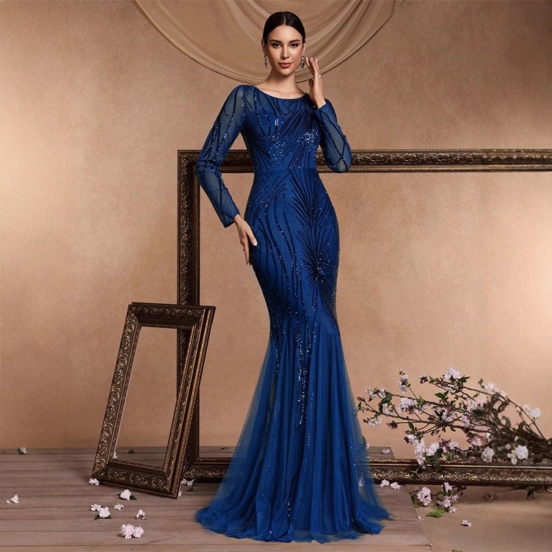 فستان طويل الأكمام بياقة دائرية وقصة ضيقة بتصميم ذيل السمكة، فستان أنيق لوصيفات العروس، فستان سهرة أنيق للنساء