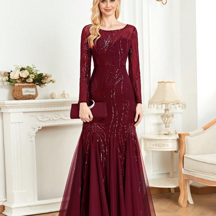 فستان طويل الأكمام بياقة دائرية وقصة ضيقة بتصميم ذيل السمكة، فستان أنيق لوصيفات العروس، فستان سهرة أنيق للنساء