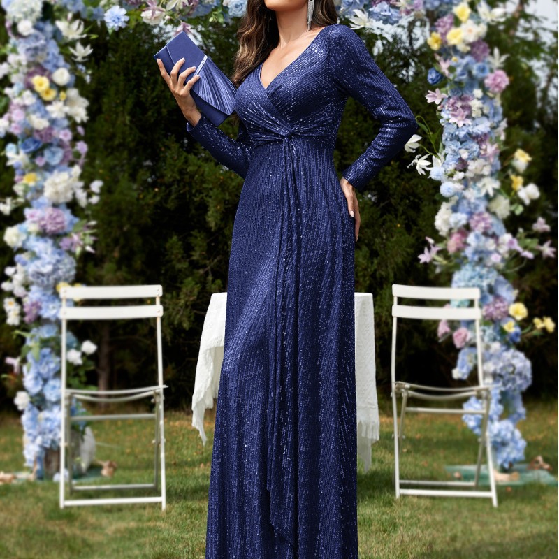 فستان سهرة نسائي جديد متعدد الألوان، بتصميم أوروبي وأمريكي، بأكمام طويلة وفتحة رقبة على شكل حرف V وقصة ذيل السمكة