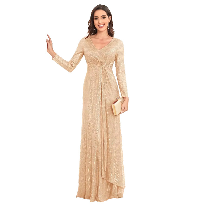 فستان سهرة نسائي جديد متعدد الألوان، بتصميم أوروبي وأمريكي، بأكمام طويلة وفتحة رقبة على شكل حرف V وقصة ذيل السمكة