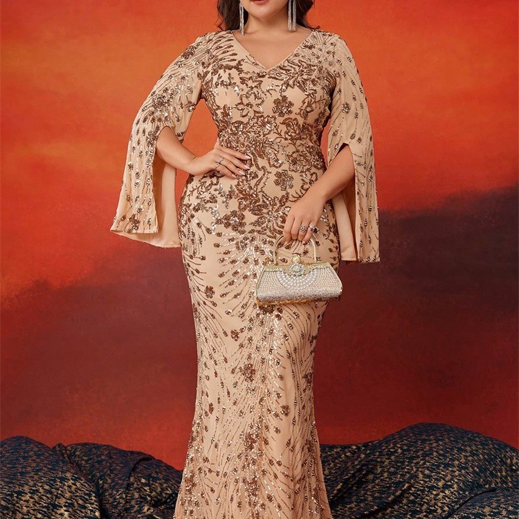 فستان سهرة جديد بمقاسات كبيرة، مزين بالترتر، بأكمام طويلة، مناسب للمناسبات الرسمية، بتصميم أنيق وقصة ضيقة وذيل سمكة