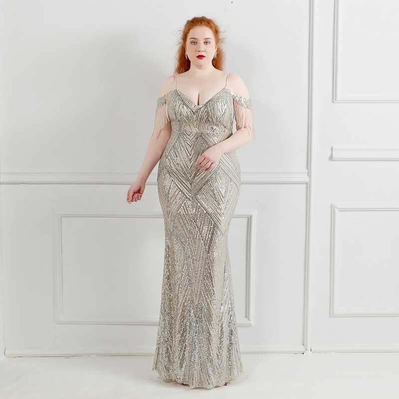 فستان سهرة طويل مزين بالترتر، مقاسات كبيرة جدًا، مناسب للمناسبات والحفلات.