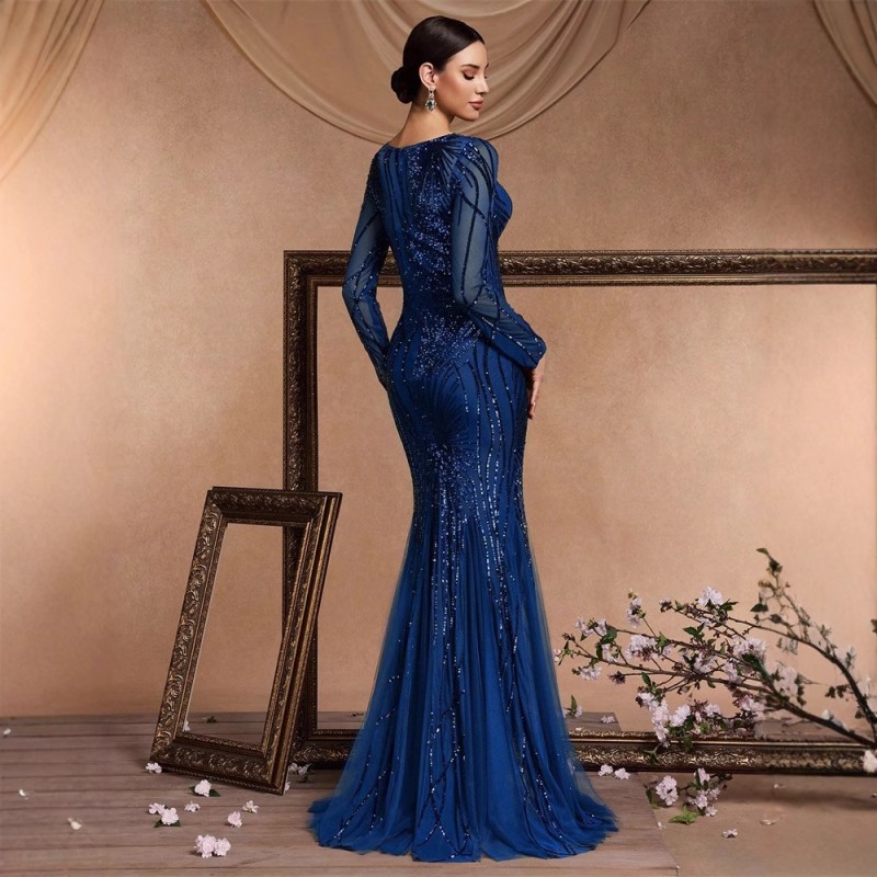 فستان طويل الأكمام بياقة دائرية وقصة ضيقة بتصميم ذيل السمكة، فستان أنيق لوصيفات العروس، فستان سهرة أنيق للنساء