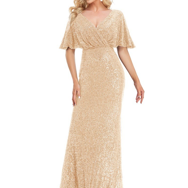 فستان جديد مثير طويل بأكمام قصيرة وفتحة رقبة على شكل حرف V مزين بالخرز