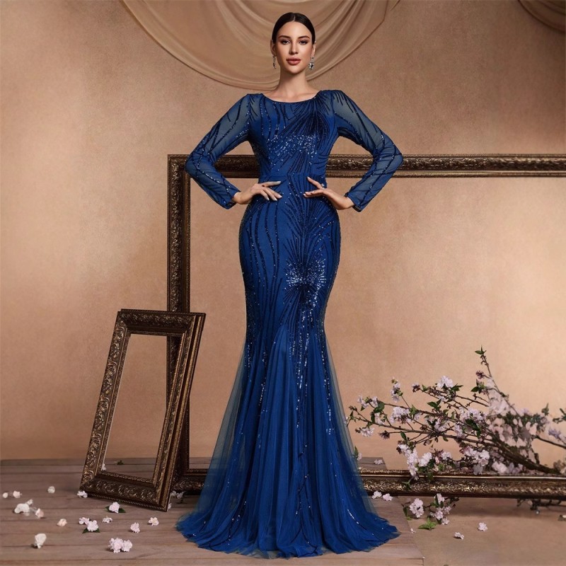 فستان طويل الأكمام بياقة دائرية وقصة ضيقة بتصميم ذيل السمكة، فستان أنيق لوصيفات العروس، فستان سهرة أنيق للنساء