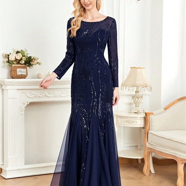 فستان طويل الأكمام بياقة دائرية وقصة ضيقة بتصميم ذيل السمكة، فستان أنيق لوصيفات العروس، فستان سهرة أنيق للنساء