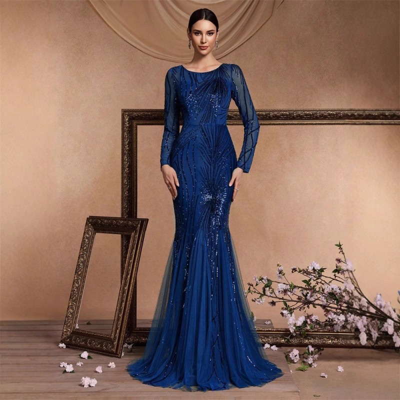 فستان طويل الأكمام بياقة دائرية وقصة ضيقة بتصميم ذيل السمكة، فستان أنيق لوصيفات العروس، فستان سهرة أنيق للنساء