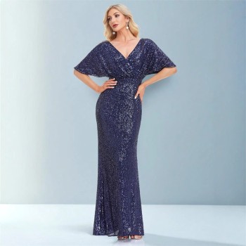 فستان جديد مثير طويل بأكمام قصيرة وفتحة رقبة على شكل حرف V مزين بالخرز