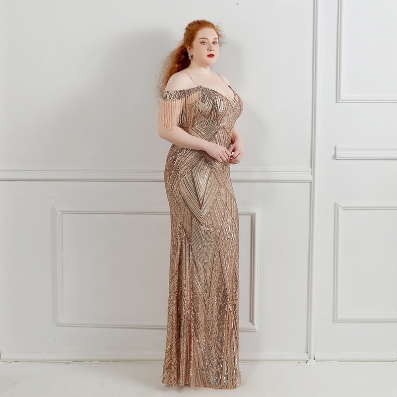 فستان سهرة طويل مزين بالترتر، مقاسات كبيرة جدًا، مناسب للمناسبات والحفلات.