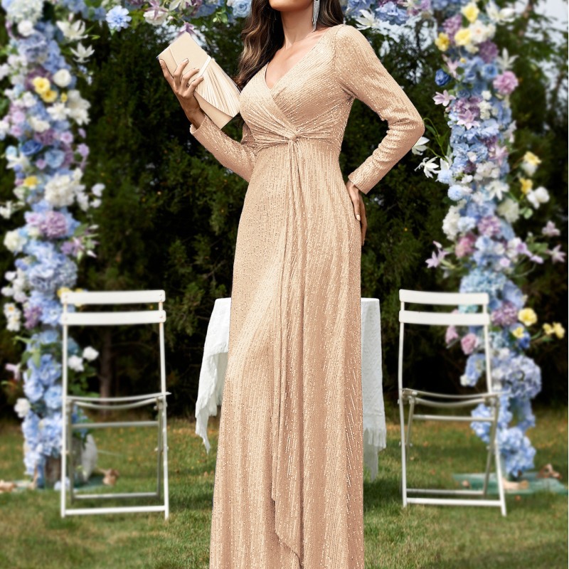 فستان سهرة نسائي جديد متعدد الألوان، بتصميم أوروبي وأمريكي، بأكمام طويلة وفتحة رقبة على شكل حرف V وقصة ذيل السمكة