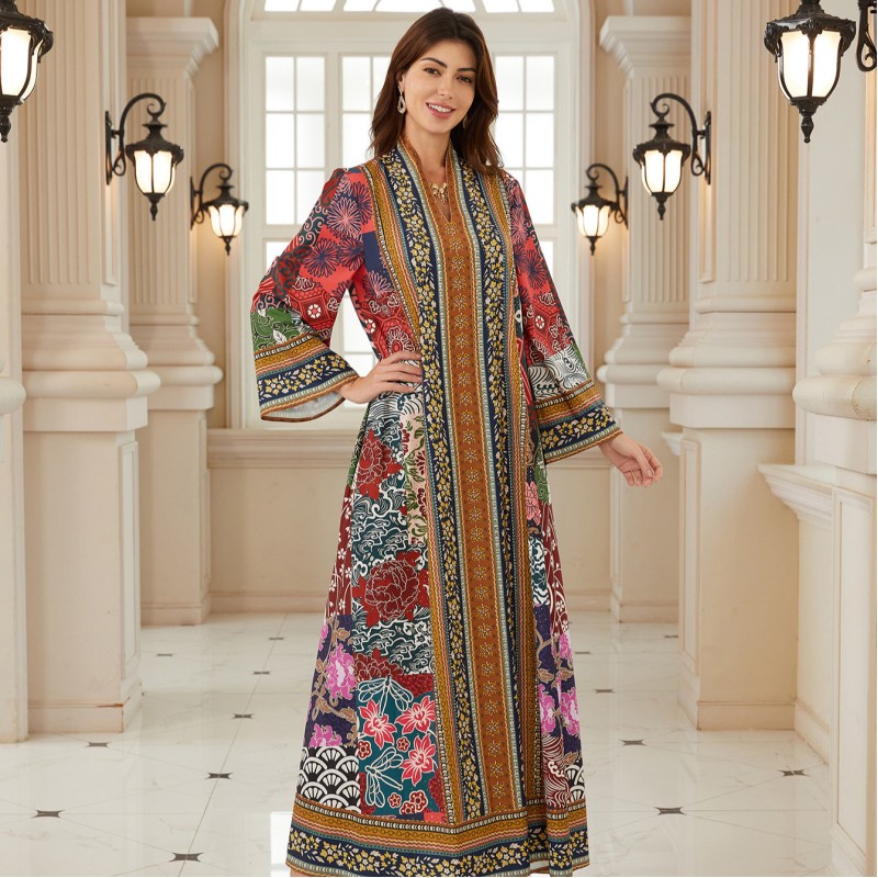 تصميم عربي بنمط تقليدي، بياقة على شكل حرف V، وأكمام طويلة، وتنورة طويلة مطبوعة، وجلابية واسعة فضفاضة، ملابس نسائية