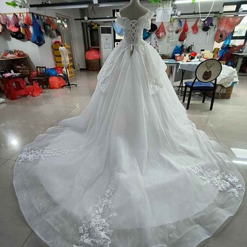 فستان الزفاف الرئيسي للعروس، ذيل طويل، سماء مرصعة بالنجوم، مقاسات صغيرة وكبيرة