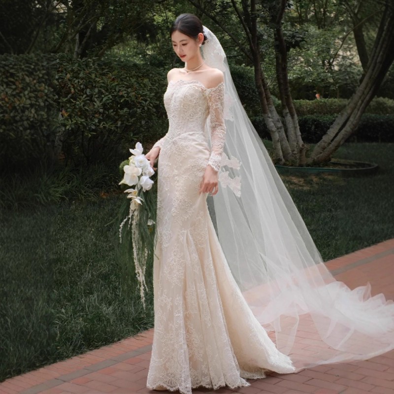 فستان زفاف خفيف بكتف واحد من الدانتيل بتصميم فرنسي كلاسيكي بأكمام طويلة، فستان سهرة أنيق من الشاش بتصميم ذيل السمكة، مناسب لحفلات الزفاف والمناسبات الرسمية.