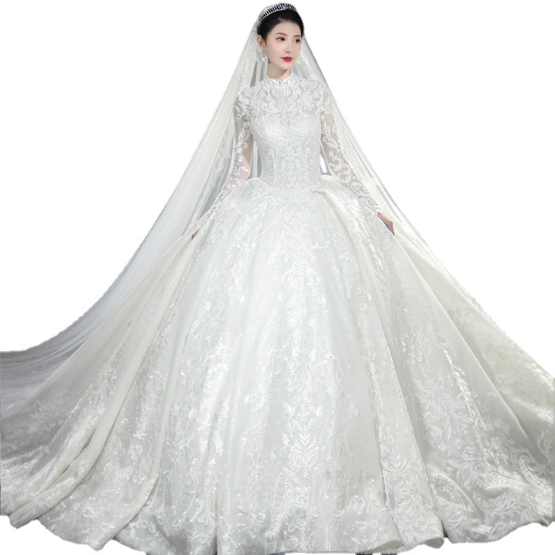 فستان زفاف فرنسي خفيف بأكمام طويلة، فستان زفاف أنيق وساحر بتصميم قصر مرصع بالنجوم، مناسب للعروس الجديدة لعام 2026