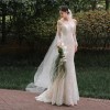 فستان زفاف خفيف بكتف واحد من الدانتيل بتصميم فرنسي كلاسيكي بأكمام طويلة، فستان سهرة أنيق من الشاش بتصميم ذيل السمكة، مناسب لحفلات الزفاف والمناسبات الرسمية.