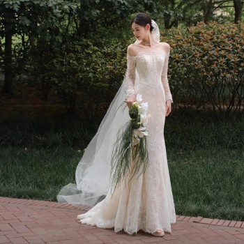 فستان زفاف خفيف بكتف واحد من الدانتيل بتصميم فرنسي كلاسيكي بأكمام طويلة، فستان سهرة أنيق من الشاش بتصميم ذيل السمكة، مناسب لحفلات الزفاف والمناسبات الرسمية.