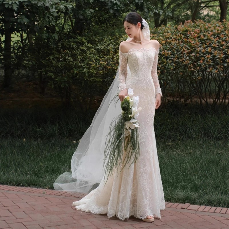 فستان زفاف خفيف بكتف واحد من الدانتيل بتصميم فرنسي كلاسيكي بأكمام طويلة، فستان سهرة أنيق من الشاش بتصميم ذيل السمكة، مناسب لحفلات الزفاف والمناسبات الرسمية.