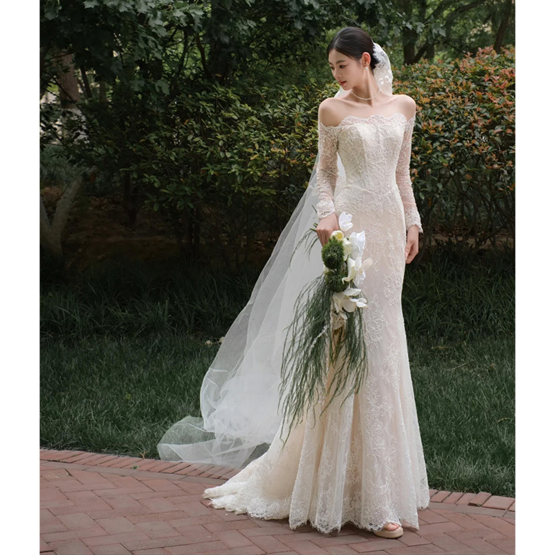 فستان زفاف خفيف بكتف واحد من الدانتيل بتصميم فرنسي كلاسيكي بأكمام طويلة، فستان سهرة أنيق من الشاش بتصميم ذيل السمكة، مناسب لحفلات الزفاف والمناسبات الرسمية.