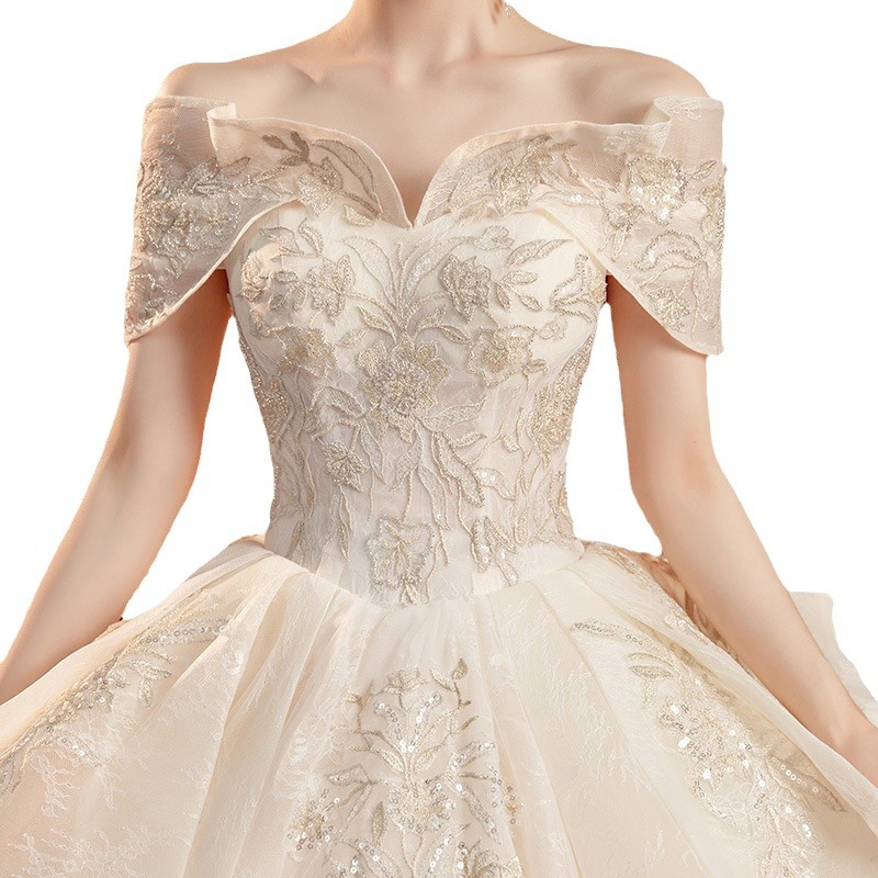 فستان الزفاف الرئيسي للعروس، ذيل طويل، سماء مرصعة بالنجوم، مقاسات صغيرة وكبيرة