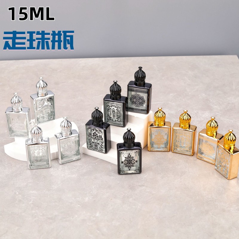 زجاجة عطر 15 مل، كرة دوارة، زجاجة زيت عطرية زجاجية عالية الجودة، كرة محمولة، زجاجة نقش مطلية بالكهرباء، زجاجة عطر بختم ساخن