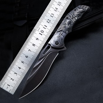 Cross-border embossed steel handle folding knife creative wolf head camping tactical knife portable high hardness stainless steel fruit knife