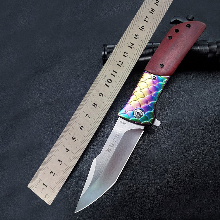 Cross-border New Folding Knife Color Fish Scale Redwood Handle Folding Knife Multifunctional Window Breaking Tactical Folding Knife