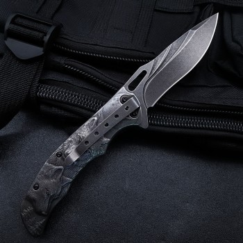 Cross-border embossed steel handle folding knife creative wolf head camping tactical knife portable high hardness stainless steel fruit knife