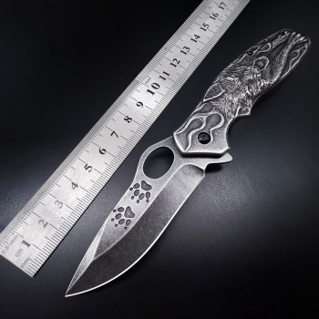 Creative relief self-defense knife stainless steel stone wash wolf head steel handle knife tactical military knife portable fruit knife