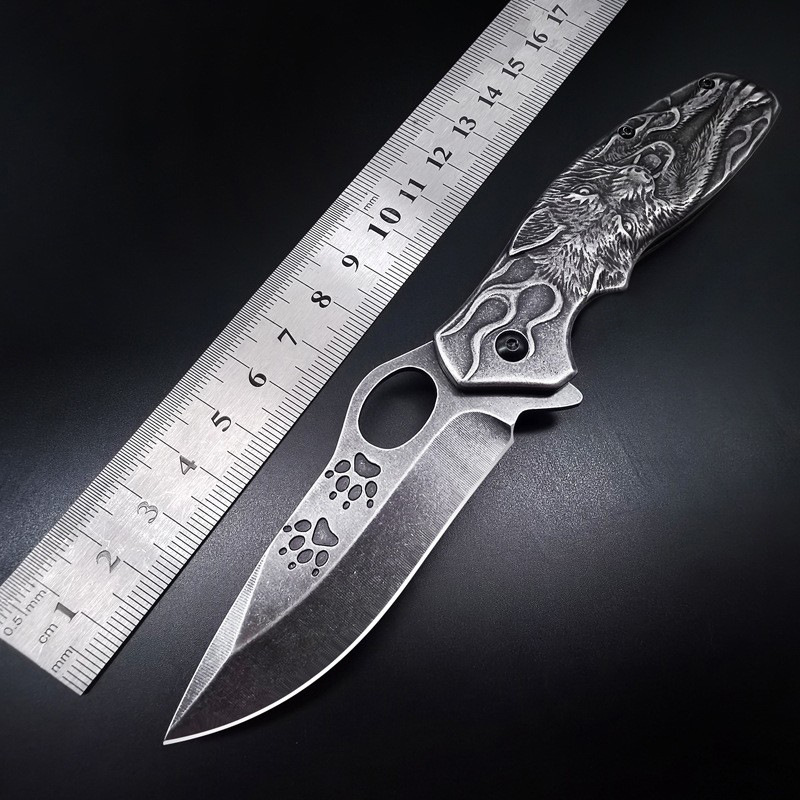Creative relief self-defense knife stainless steel stone wash wolf head steel handle knife tactical military knife portable fruit knife