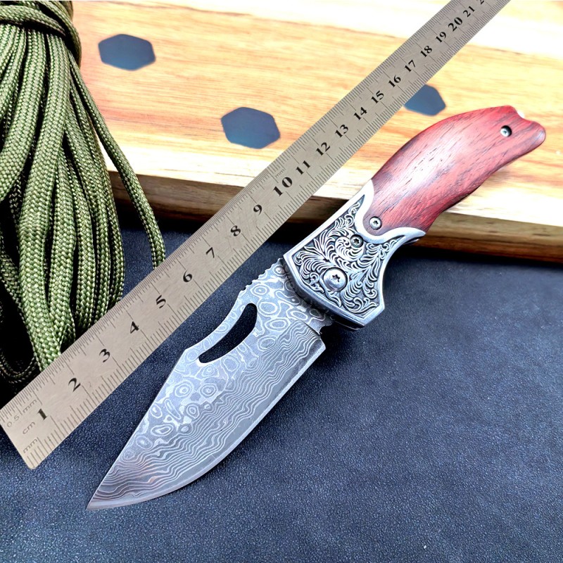 Outdoor Camping Damascus Small Folding Knife Car-Mounted Legal Sharp Small Folding Knife Red Sandalwood Handle Collection Knife