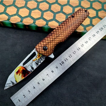 Outdoor Survival Folding Knife Chicken Wing Wood Handle Anti-Slip Python Pattern Self-Defense Knife 3D Printed Ornamental Tactical Knife