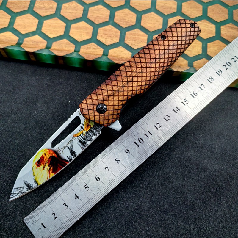Outdoor Survival Folding Knife Chicken Wing Wood Handle Anti-Slip Python Pattern Self-Defense Knife 3D Printed Ornamental Tactical Knife