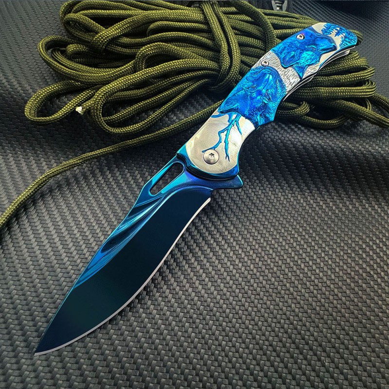 Outdoor Embossed Steel Handle Folding Knife Creative Color Titanium Wolf Head Tactical Knife Portable High Hardness Stainless Steel Fruit Knife