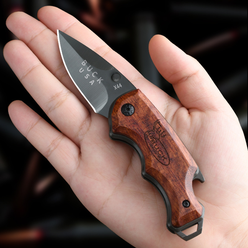 Wooden Handle Knife Outdoor Folding Knife Hand-held Meat Mini Key Chain Fruit Knife Portable Portable Bottle Opening Tool