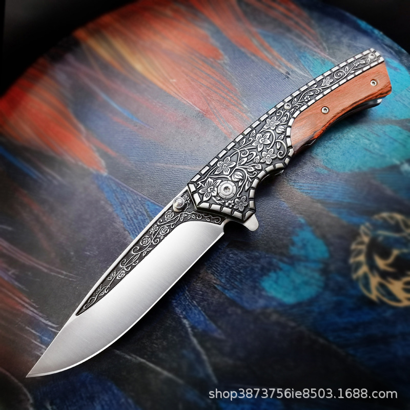 Wholesale sharp outdoor fruit knife in stock camping knife self-defense folding knife wooden handle carved folding knife saber generation