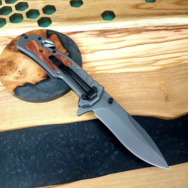 Cross-Border Supply Outdoor Stainless Steel Self-Defense Folding Knife Chicken Wing Wood Handle Tactical Knife Pocket Knife Window Breaker Cone