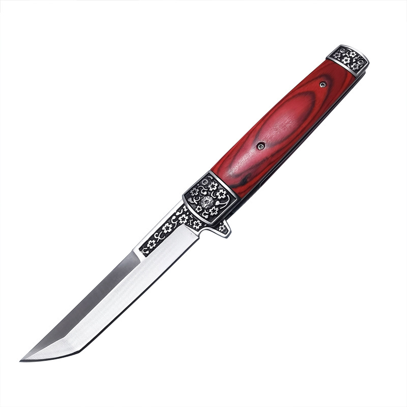 Japanese style knife outdoor high hardness saber red wooden handle knife folding carved self-defense tool hand meat short knife
