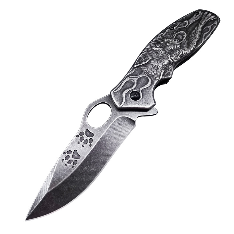 Creative relief self-defense knife stainless steel stone wash wolf head steel handle knife tactical military knife portable fruit knife