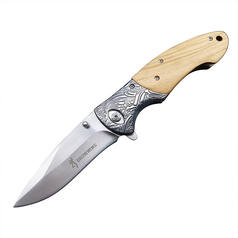 Camping Survival Stainless Steel Outdoor Knife Olive Wood Handle Exquisite Carved Knife Portable Multi-purpose Fruit Knife