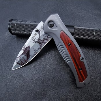Cross-Border Supply Da337 Wooden Handle Stainless Steel Foldableing Knife 3D Printed Russian Tactical Knife High Hardness Survival Knife