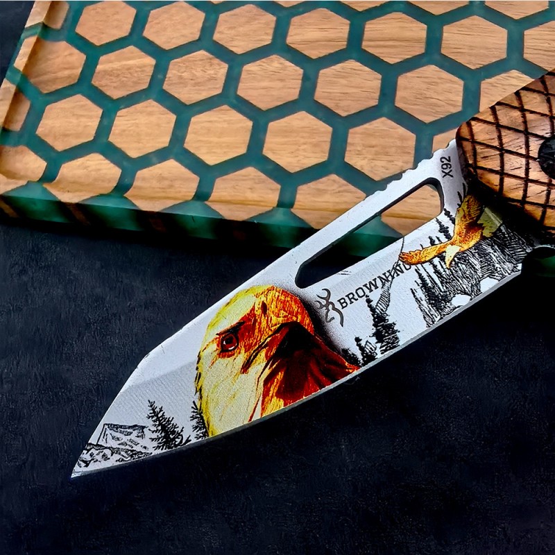 Outdoor Survival Folding Knife Chicken Wing Wood Handle Anti-Slip Python Pattern Self-Defense Knife 3D Printed Ornamental Tactical Knife