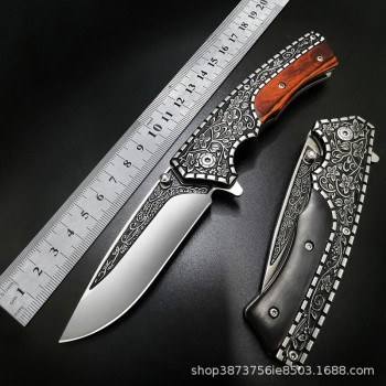 Wholesale sharp outdoor fruit knife in stock camping knife self-defense folding knife wooden handle carved folding knife saber generation
