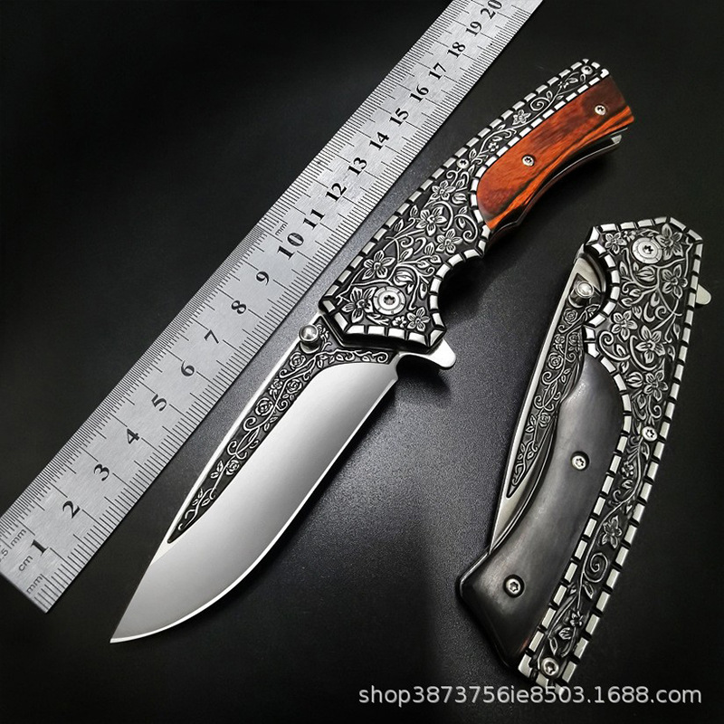 Wholesale sharp outdoor fruit knife in stock camping knife self-defense folding knife wooden handle carved folding knife saber generation