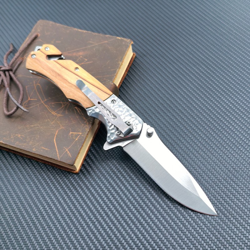 Jungle adventure survival knife outdoor self-defense emergency folding knife olive wood handle sharp folding knife a generation of hair