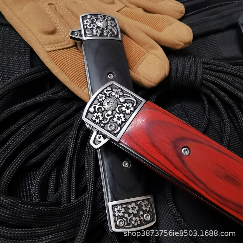 Japanese style knife outdoor high hardness saber red wooden handle knife folding carved self-defense tool hand meat short knife