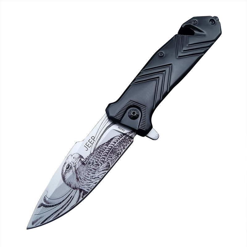 Outdoor self-defense folding knife JEEP show off 3D printed folding knife black titanium handle fruit knife sharp high hardness knife