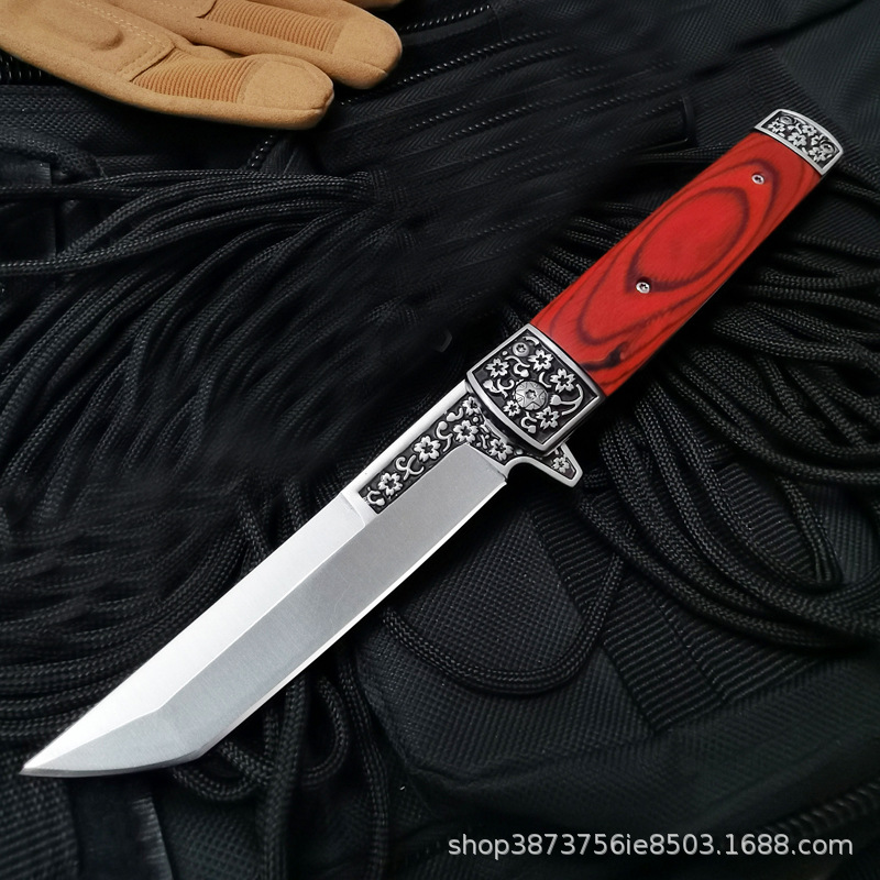 Japanese style knife outdoor high hardness saber red wooden handle knife folding carved self-defense tool hand meat short knife