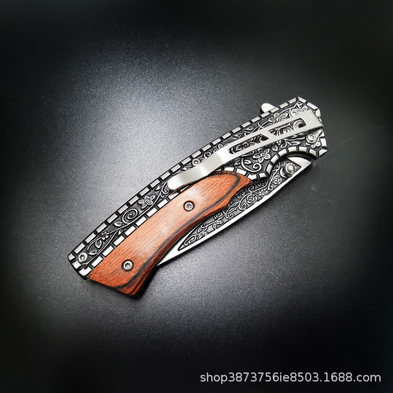Wholesale sharp outdoor fruit knife in stock camping knife self-defense folding knife wooden handle carved folding knife saber generation